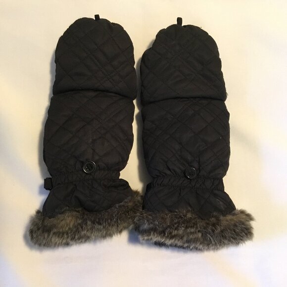 Eddie Bauer Goose Down Black Quilted Convertible Mittens with Faux Fur Trim L/XL - Picture 1 of 4